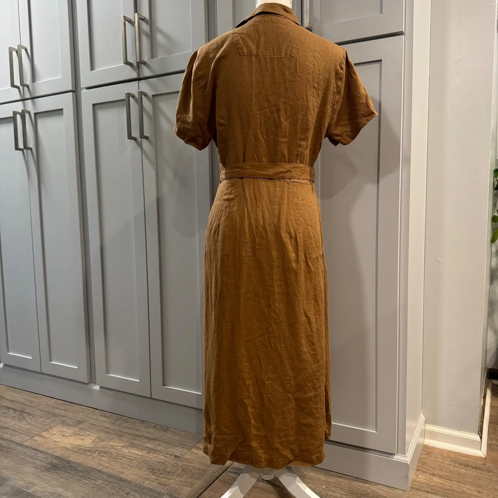 Quince Golden Brown 100% European Linen Button Front Midi Shirt Dress Medium - Image 3