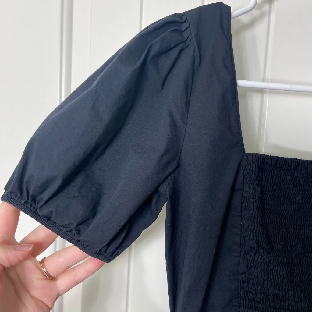 EUC ZARA women’s black puff sleeve‎ smocked elastic ruffle mini spring dress S - Image 2