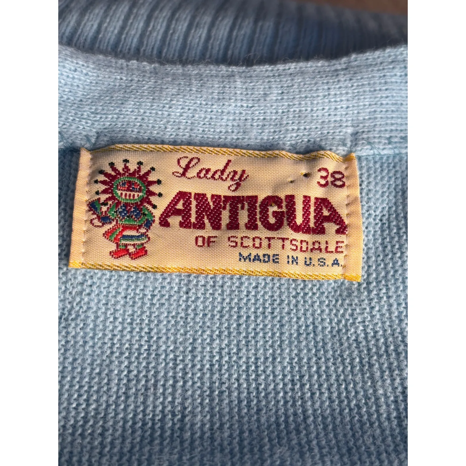 Vintage Lady Antigua Light Blue Acrylic Knit Kachina Golf Embroidered Cardigan Size L - Image 9