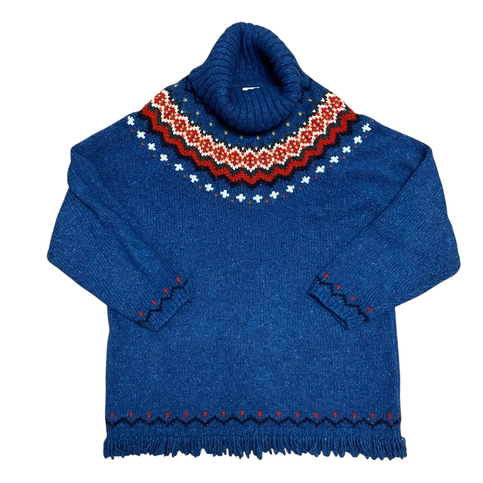 Northern Reflections Blue Wool Blend Fringe Fair Isle Turtleneck Sweater Sz L G - Image 1