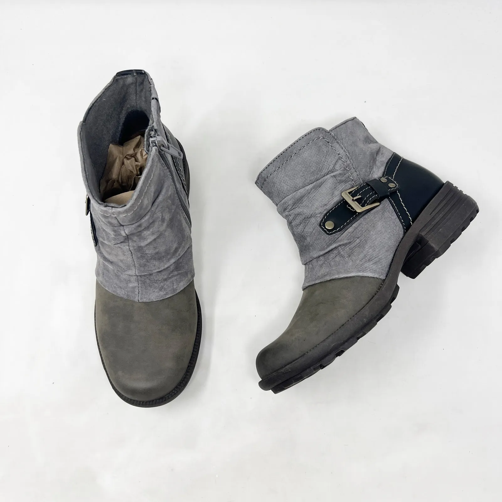 [Earth Origins] Gray & Black Suede Leather Phoenix Zip Buckle Ankle Boots Sz 7M - Image 5
