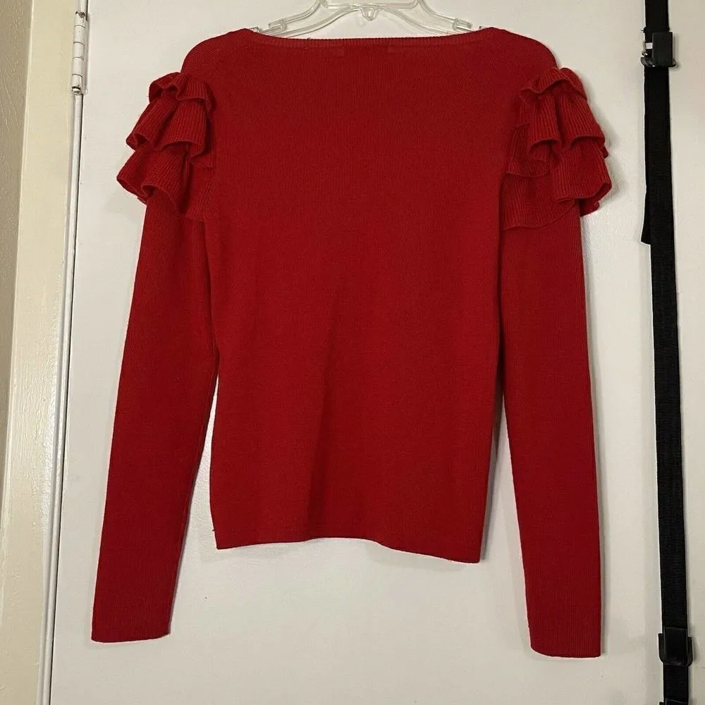 Badgley Mischka Red Wool knit ruffle sleeve detail round neck sweater size small - Image 6