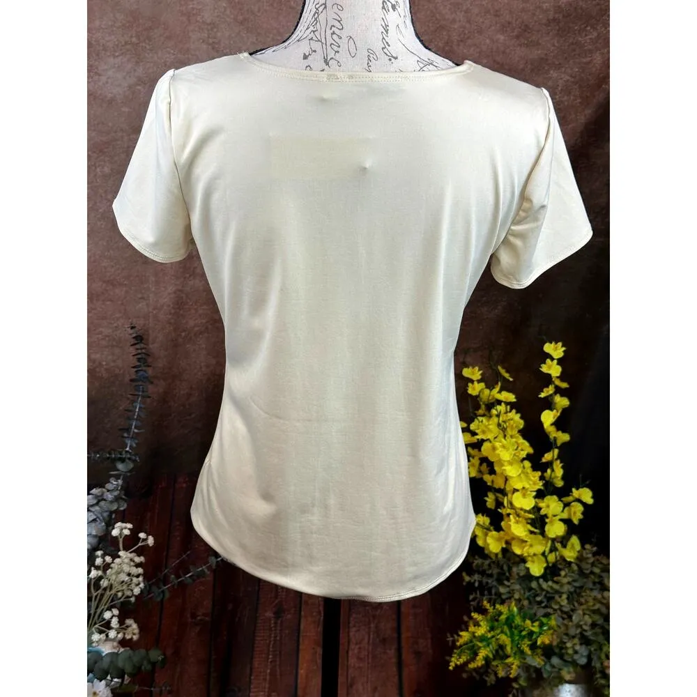 Scoop Neck Short Sleeve Silky Pullover Notations Blouse Tan size S - Image 6