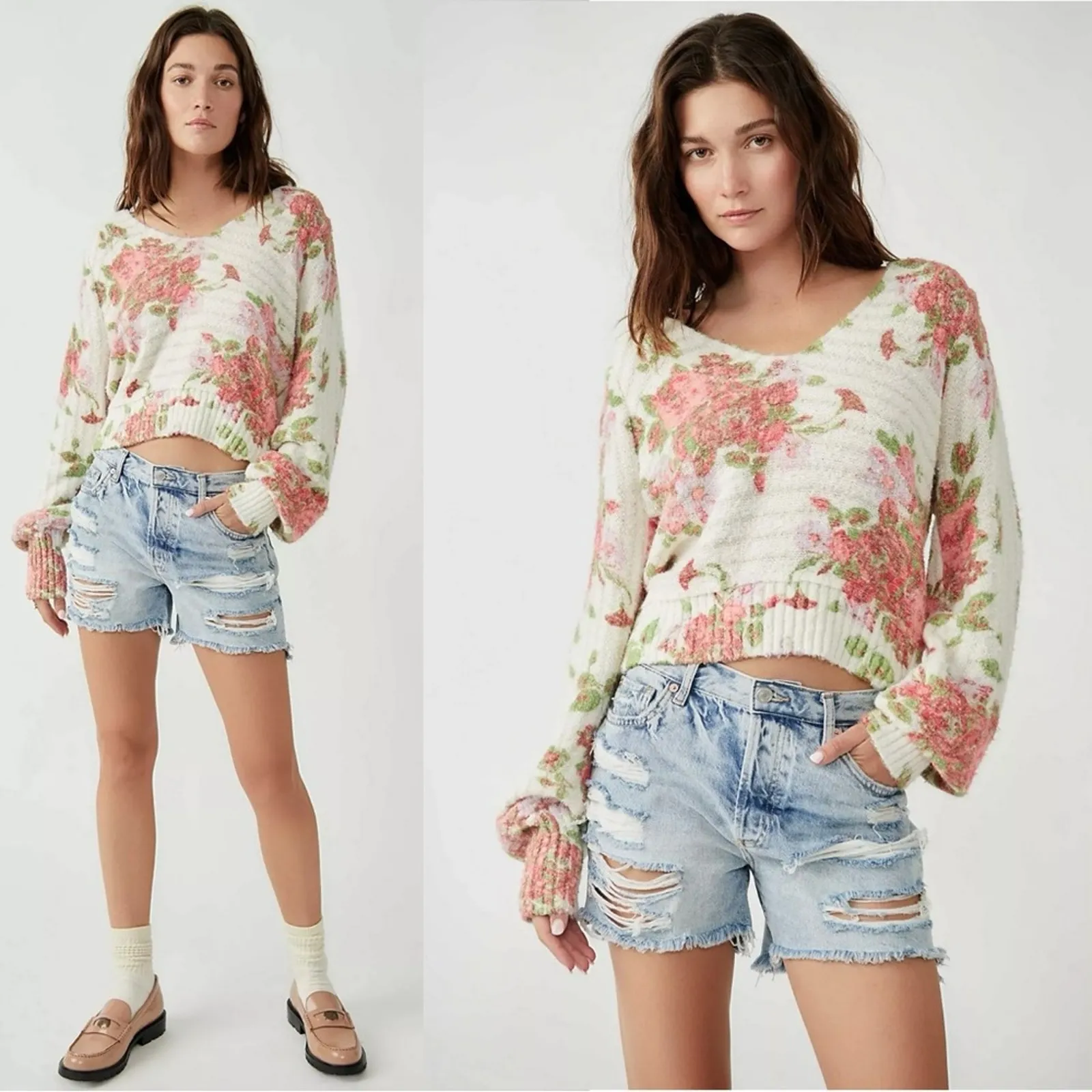 Free People Bed Of Roses Sweater Dainty Cottage Floral V Neck Size Small - Image 13