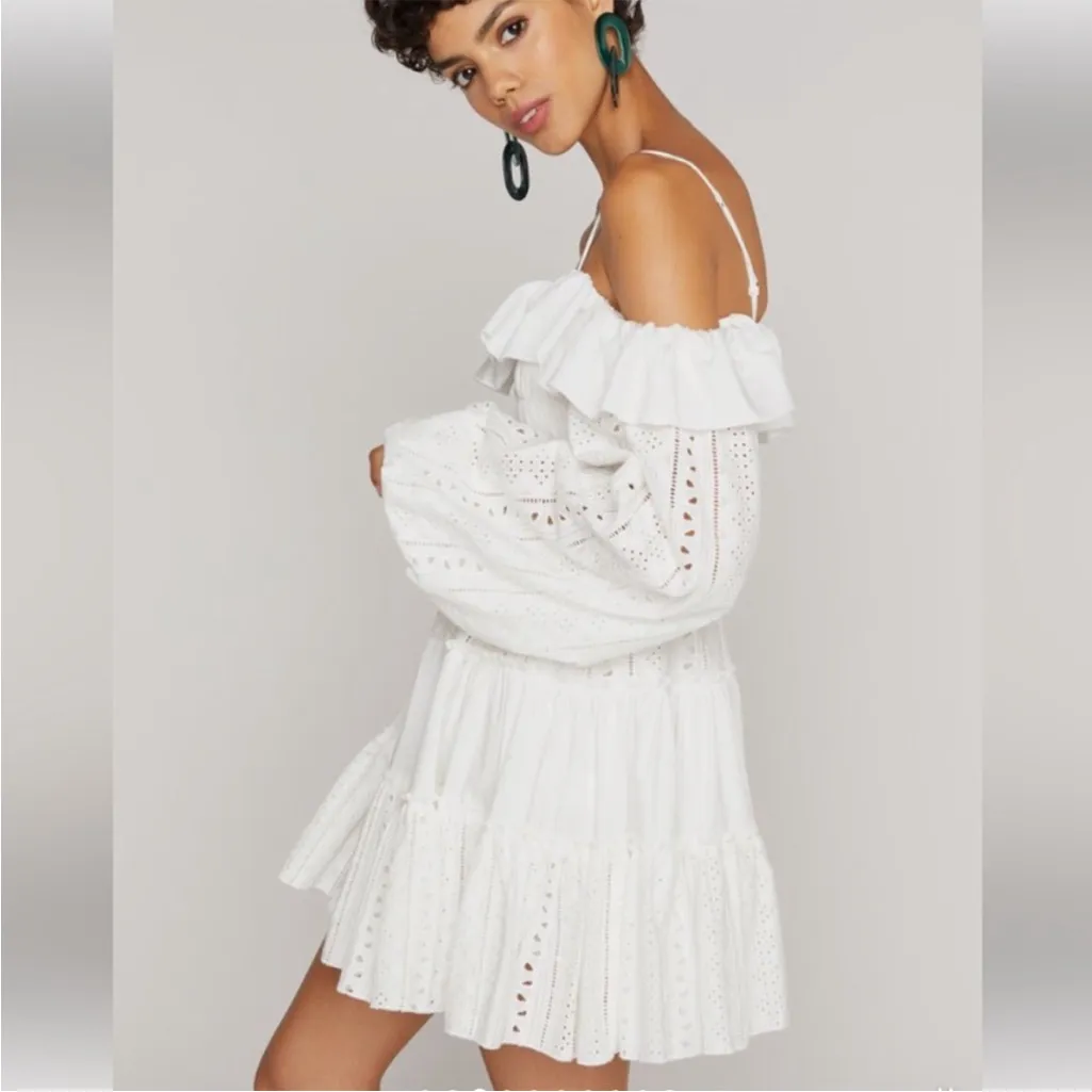 Choosy White Endless Summer Ruffle Eyelet Off The Shoulder Dress tiered smock S - Image 6