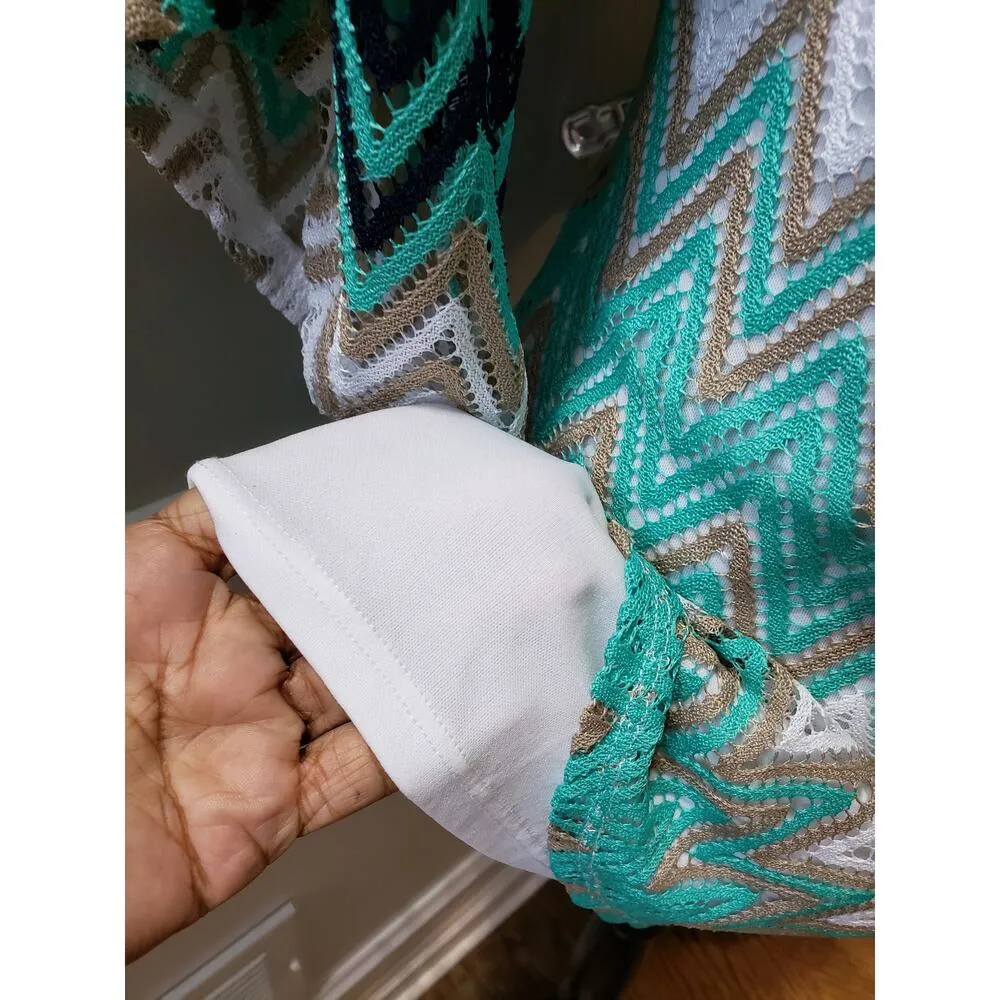 Tacera Mini Dress Women's Small Multi Chevron Print Lace Long Sleeve Round Neck - Image 13