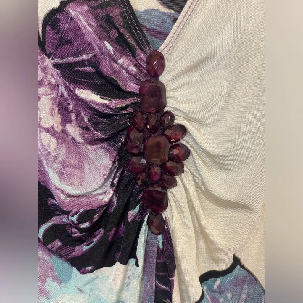 Vintage Karen Kane‎ Women’s Y2K Purple White and Black Floral Print Top Size M - Image 2