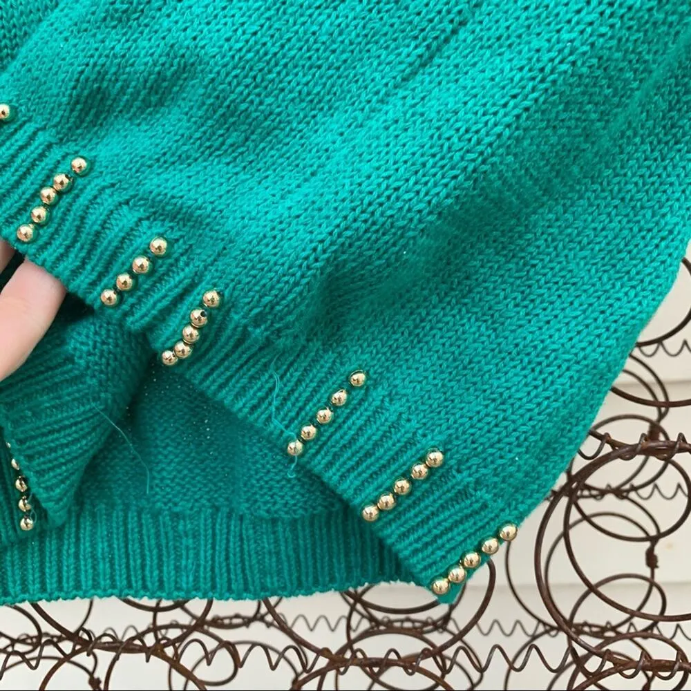 Vintage 90s teal gold art deco beaded cowl neck tunic sweater MEDIUM Green - Image 9