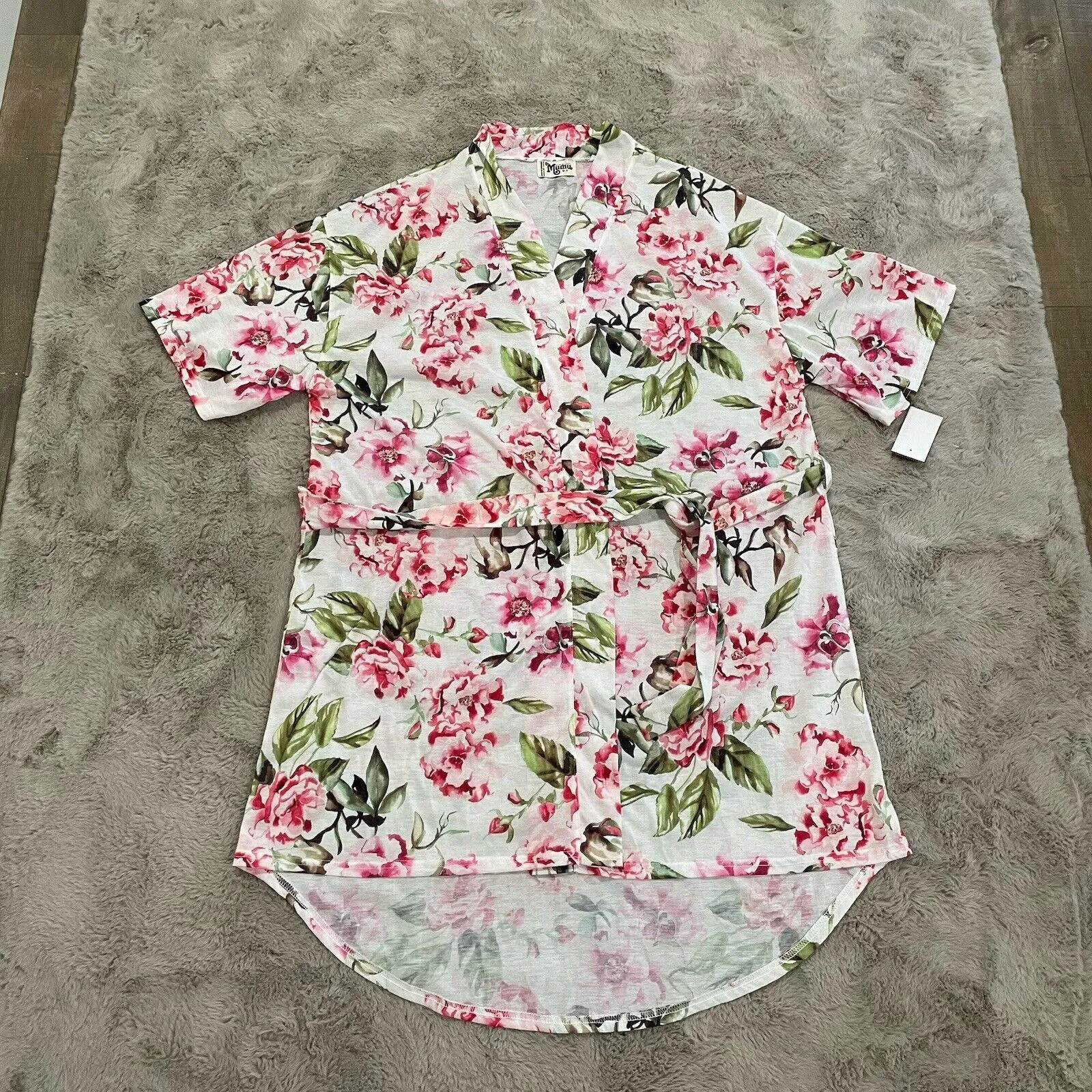 Women Show Me Your Mumu White Pink Floral Kimono Cover up Short Sleeve Size O/S‎ - Image 2