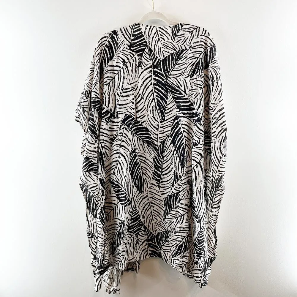 Cynthia Rowley Leaf Print Short Sleeve Midi Kimono Cover Up White Black One Size - Image 7