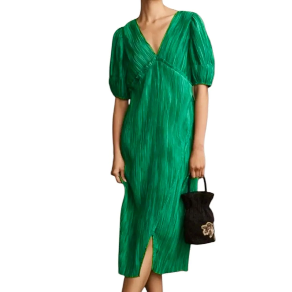 EUC Anthropologie V-Neck Pleated Faux Wrap Midi Emerald Dress Green Size Small - Image 3