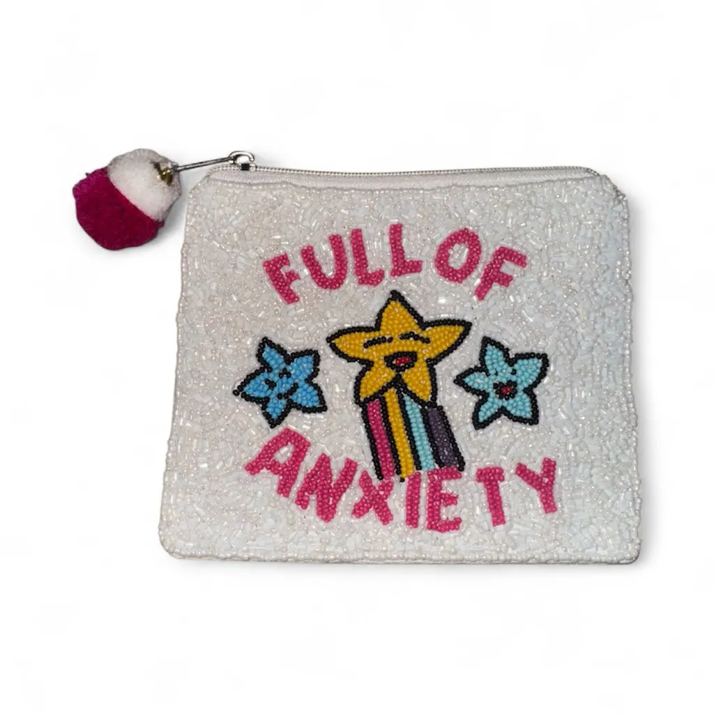 Women's Unbranded White Pink Beaded 'Full of Anxiety' Cosmetic Bag One Size - Image 2