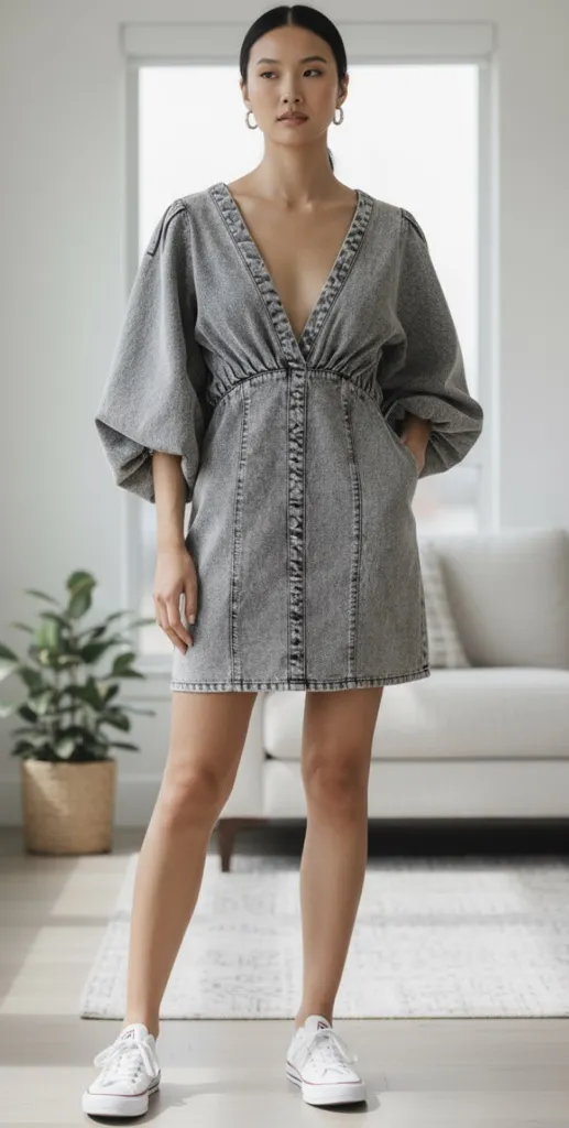 Joslin Studio Ayra Denim Dress Grey Wash Size 10 • Puff Sleeve Mini Dress Gray - Image 2