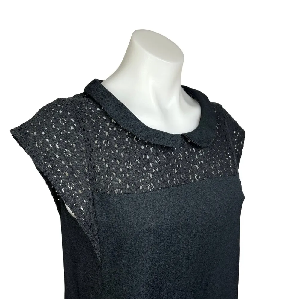Monoprix Femme Black Cap Sleeve Floral Lace Eyelet Collared Mini Shift Dress 8 - Image 5