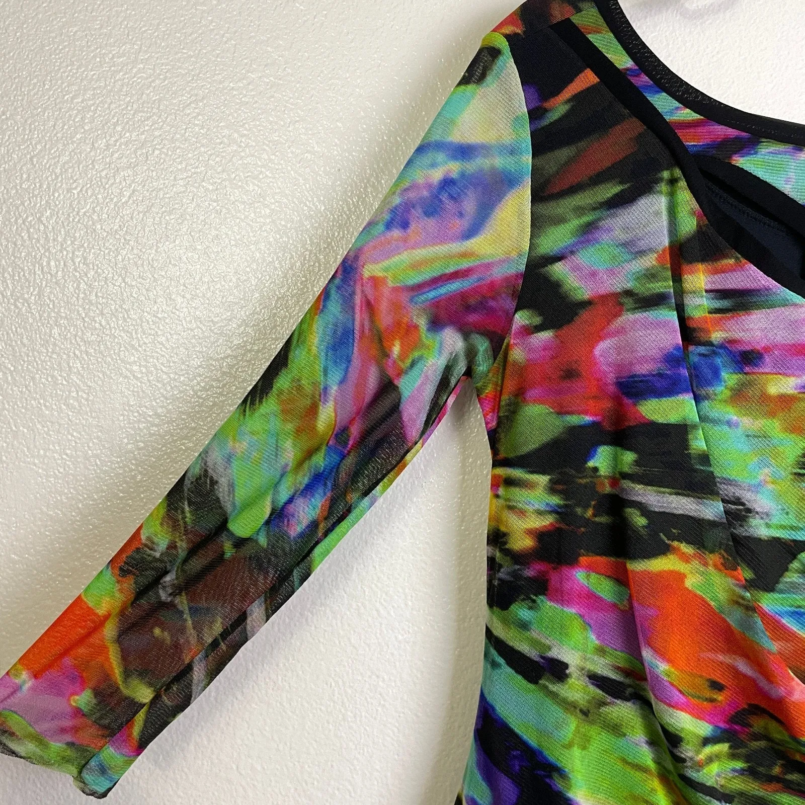 Elaua Kattau Dress Womens Medium Multicolor Mesh Sheer Artsy Colorful Peek A Boo Black - Image 4