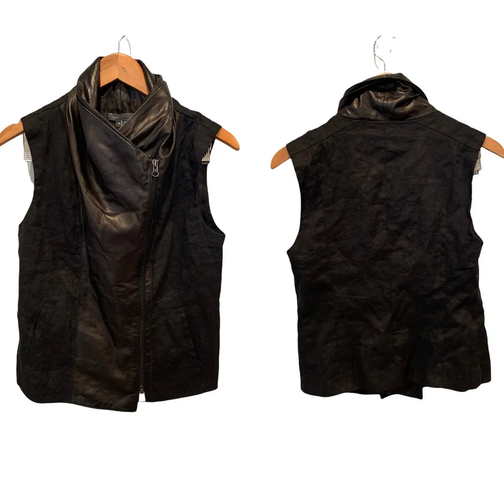 VINCE Asymmetric Leather Linen-Blend Vest (M) - Image 4