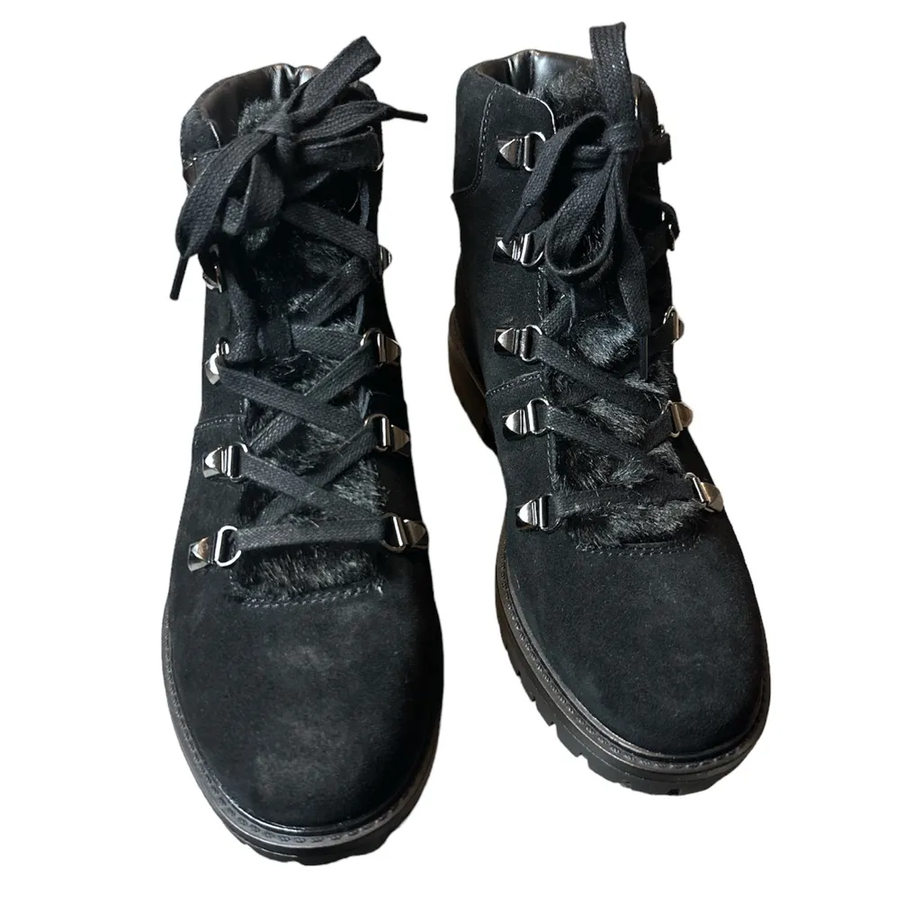 Marc Fisher Black Suede Faux Fur Lined Lace Up Ankle Boots Hobson Size 7 NEW - Image 3