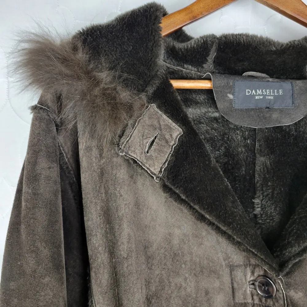 Damselle New York Womens Jacket XL Brown Leather Genuine Fur Trim Hooded - Image 5