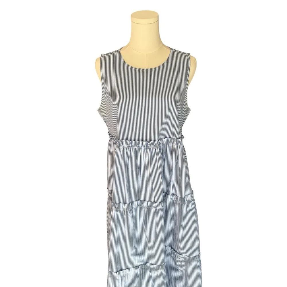 J. Crew - Sleeveless Blue Striped Tiered Dress Sz 10P - Image 4