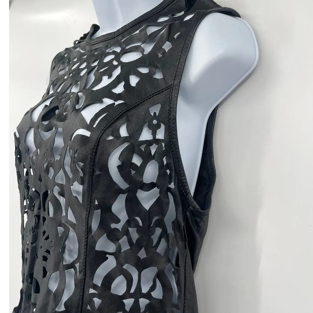 Topshop Leather Laser Cut Womens Top Sz 6 Black Edgy Festival Y2K Boho Rocker - Image 5