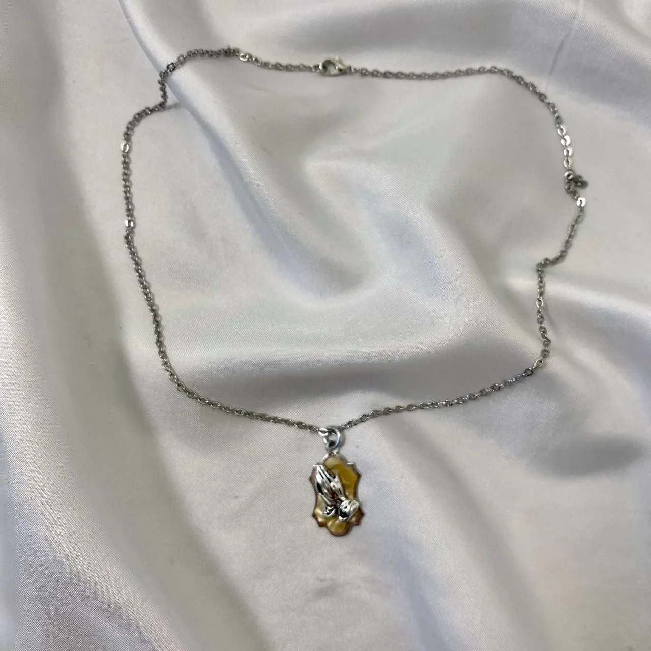 Vintage West Germany Signed Religious Praying Hands Pendant Necklace Silver - Image 2