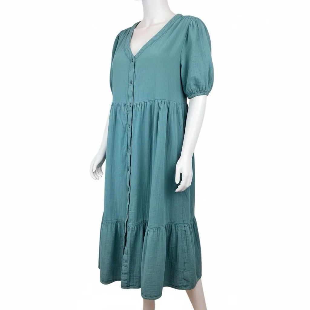 TIME & TRU BLUE GREEN GAUZY COTTON BUTTON DOWN W/ RUFFLE DRESS SZ L 12-14 - Image 2