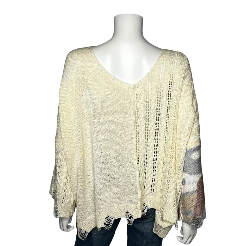 POL Oversized Distressed Knit Sweater L Camo Patchwork V Neck Boho Grunge Cream - Image 3