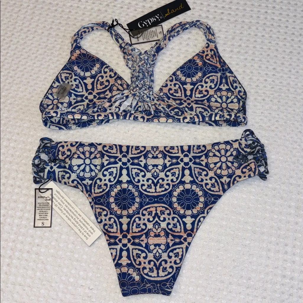 NEW! GYPSY 05 SAND Bikini Size S Small Racerback Top Cheeky Bottoms Blue Tile - Image 10