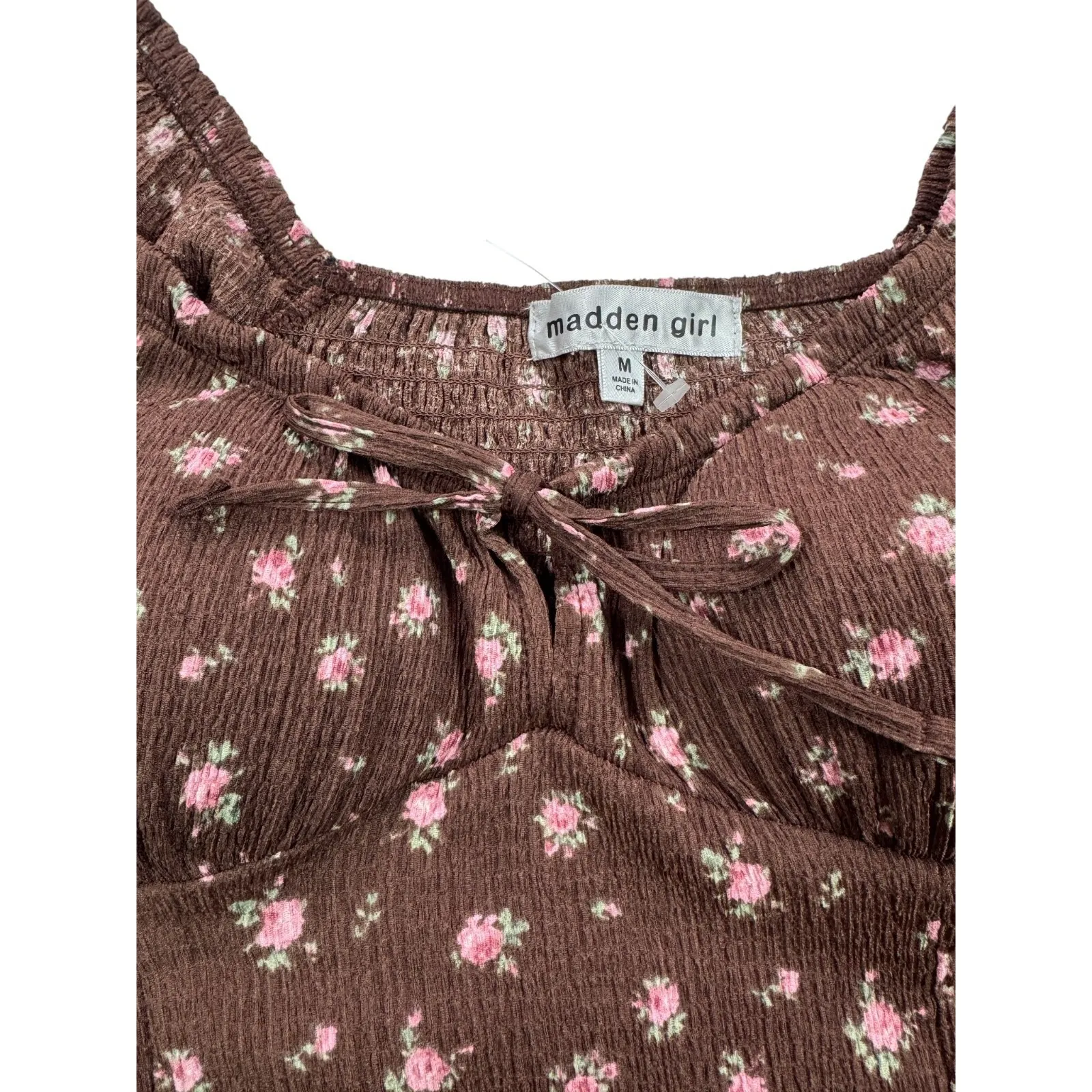 NEW Madden Girl Brown Pink Floral Fit and Flare Dress Juniors Medium Cottagecore - Image 8