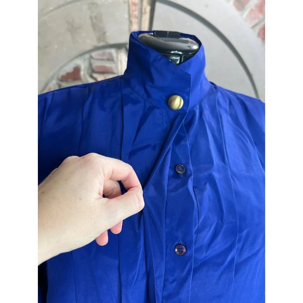 Blouse pleat front blue shoulder pads 1980s Size 12 - Image 4