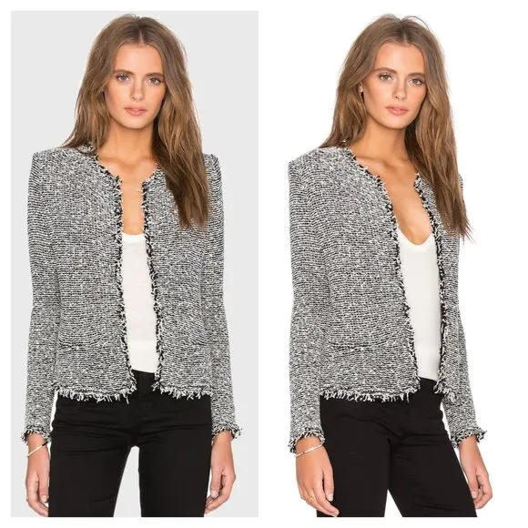 IRO Azure Fringe Blazer Jacket Open Front in Tweed Black and White Women's 38 M - Image 2