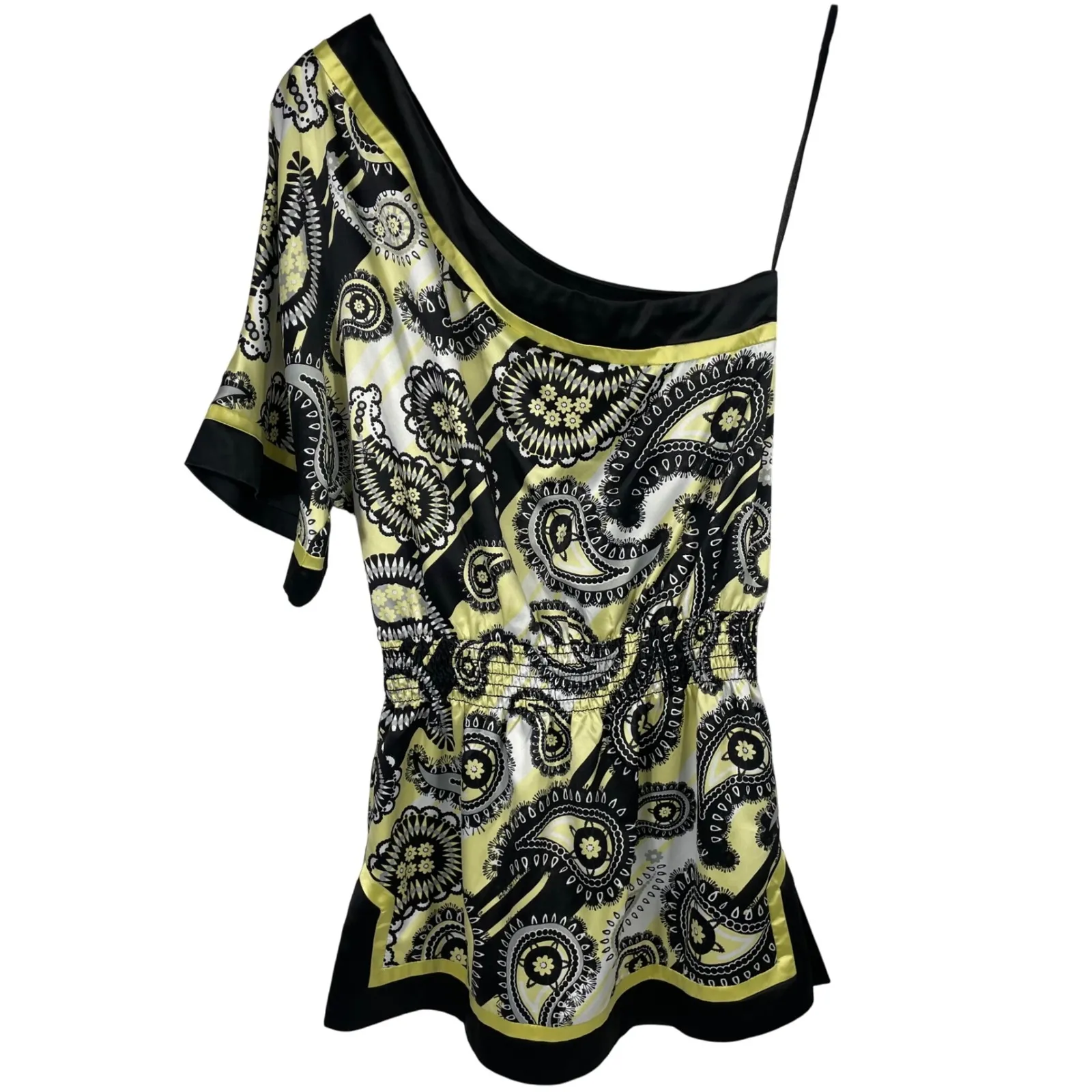 Chime Women's One‎ Shoulder Tunic Top M Paisley Yellow Black White One Shoulder Size M - Image 5