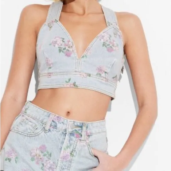 Wild Fable Denim Vest Tank Cropped Light Wash Floral Print Women's Sz M - Image 6
