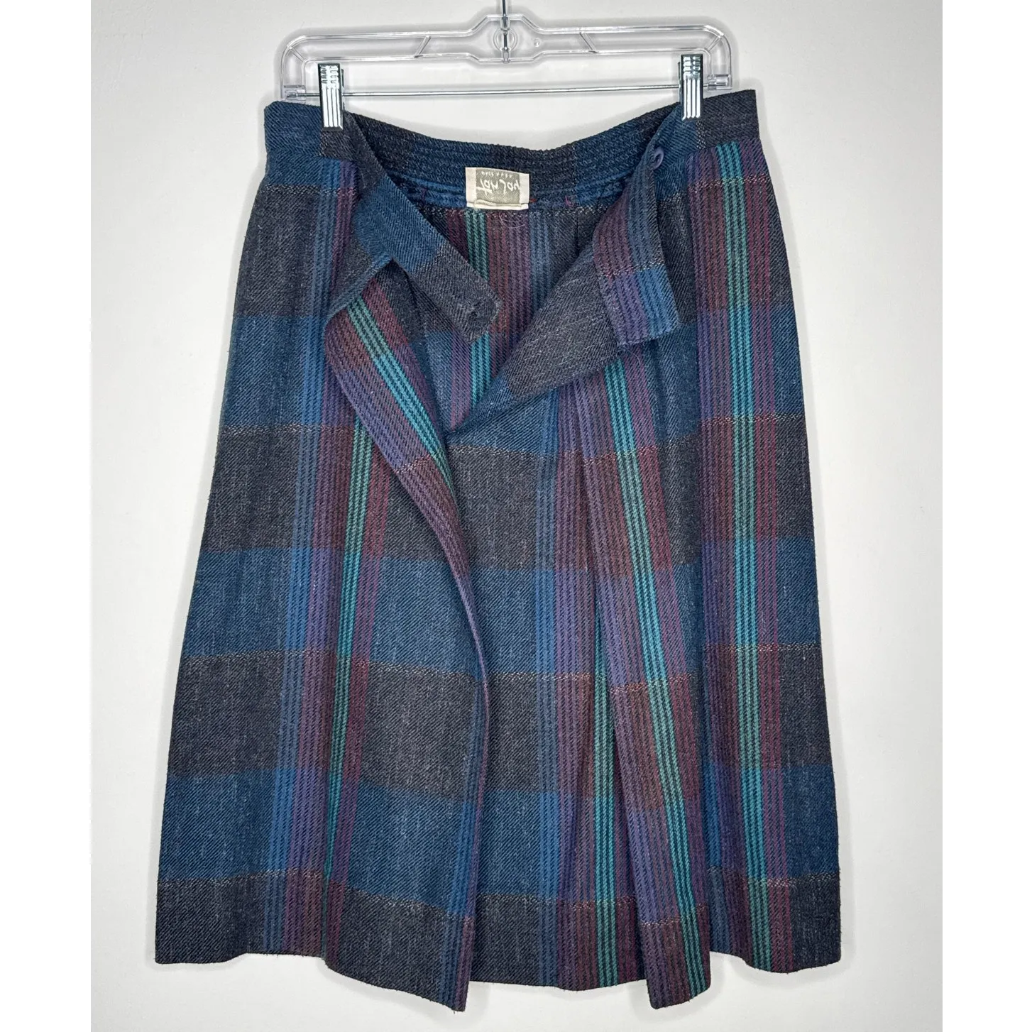 1980s Tan Jay Plaid Wool Midi Skirt Made in USA Preppy Large Gray - Image 3