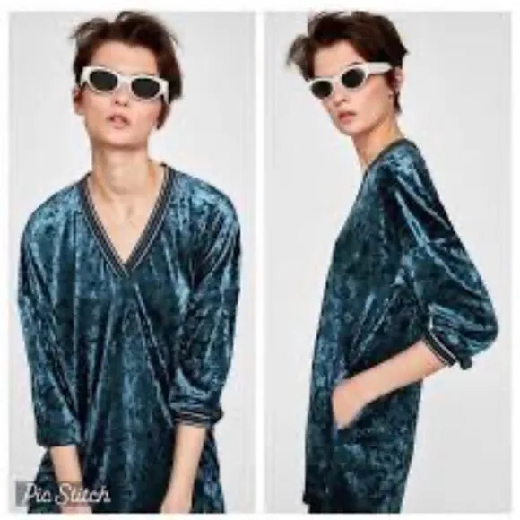 Zara Green velvet metallic dress with stripes long sleeved V neck size small - Image 2