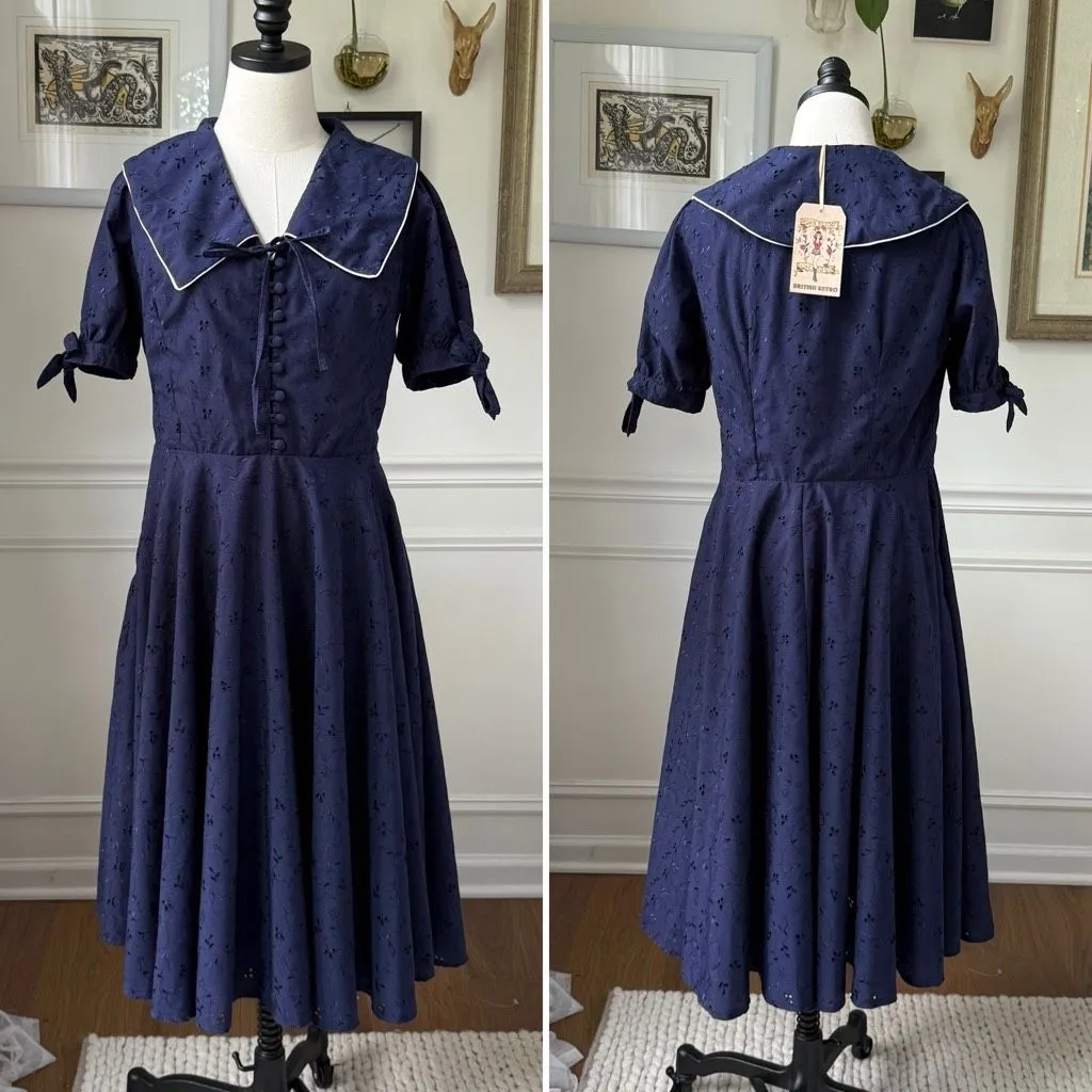 NWT British Retro Florence Navy Broderie Anglaise 50s Style Dress UK 14 US 10 Blue - Image 2