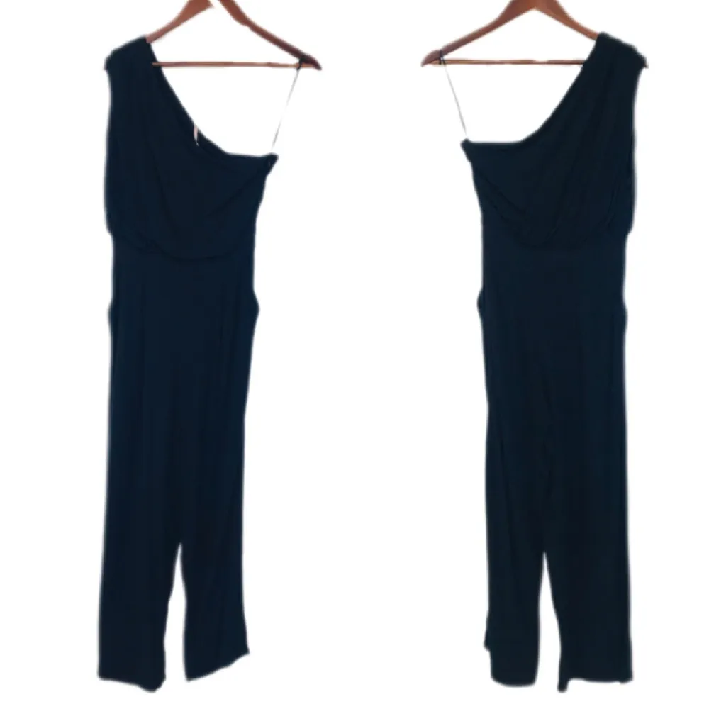 FREE PEOPLE Avery Black One Shoulder Jumpsuit Sleeveless Wide Leg Cropped Size 0 - Image 3