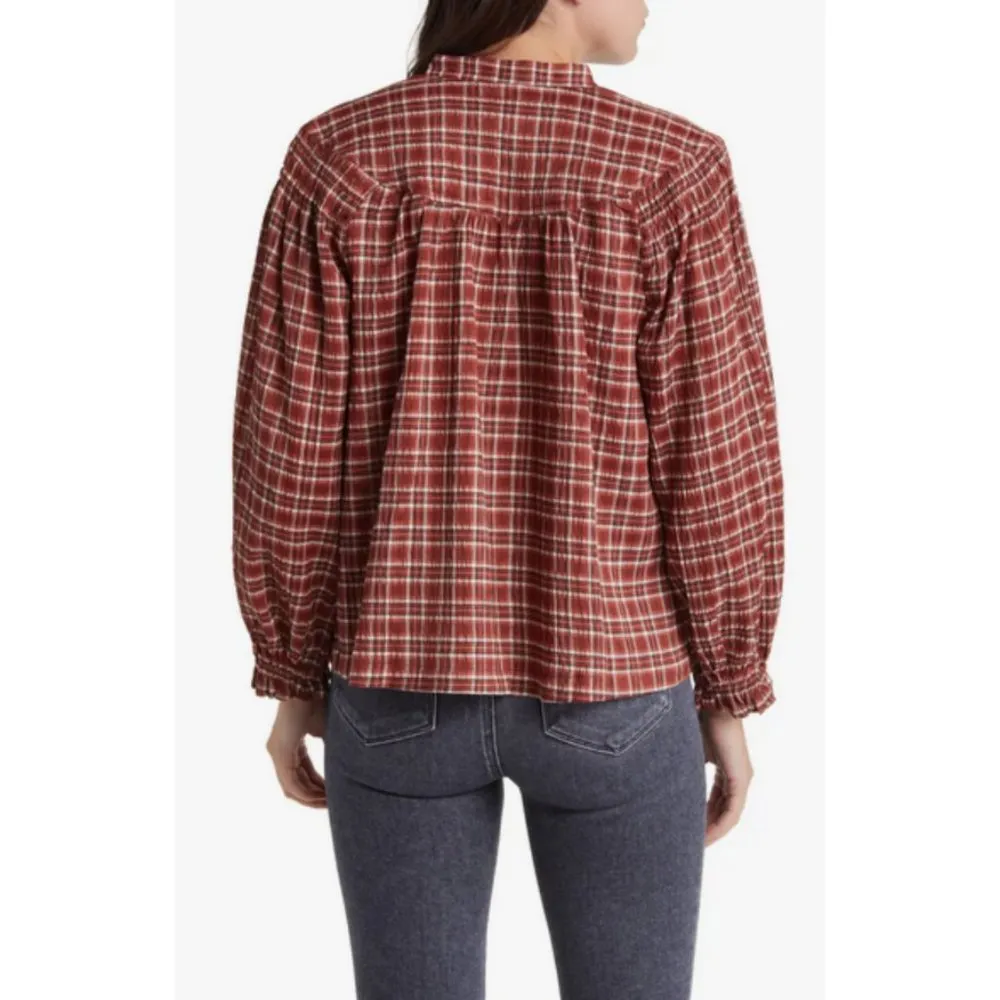 TREASURE & BOND Smocked Shoulder Popover Blouse ~ Rust Brown Tailor Plaid M NWT - Image 3