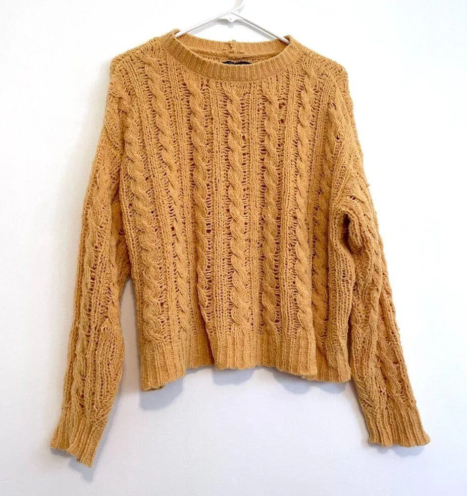 AMERICAN EAGLE Impossibly Soft Cable Knit Chenille Sweater Solid Mustard Yellow - Image 2