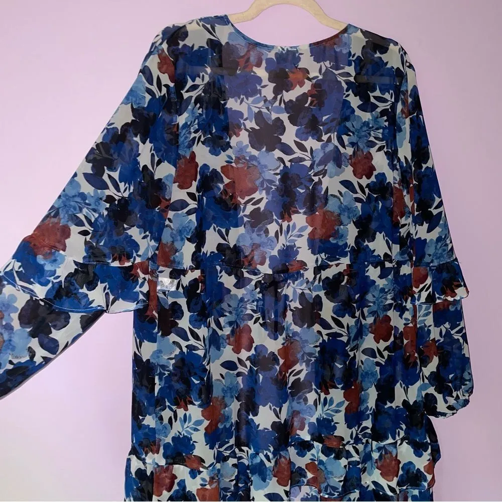 Dress Barn Duster XL Sheer Floral Robe Ruffle Tiered Longline Tie Front - Image 7