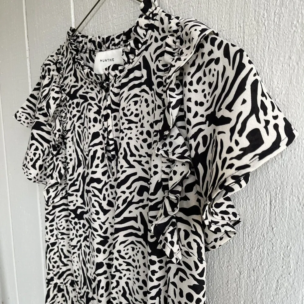 Munthe Ernie Flounce Ruffle Midi Dress in Sand Tan and Black Print Size 38 US 6 - Image 5