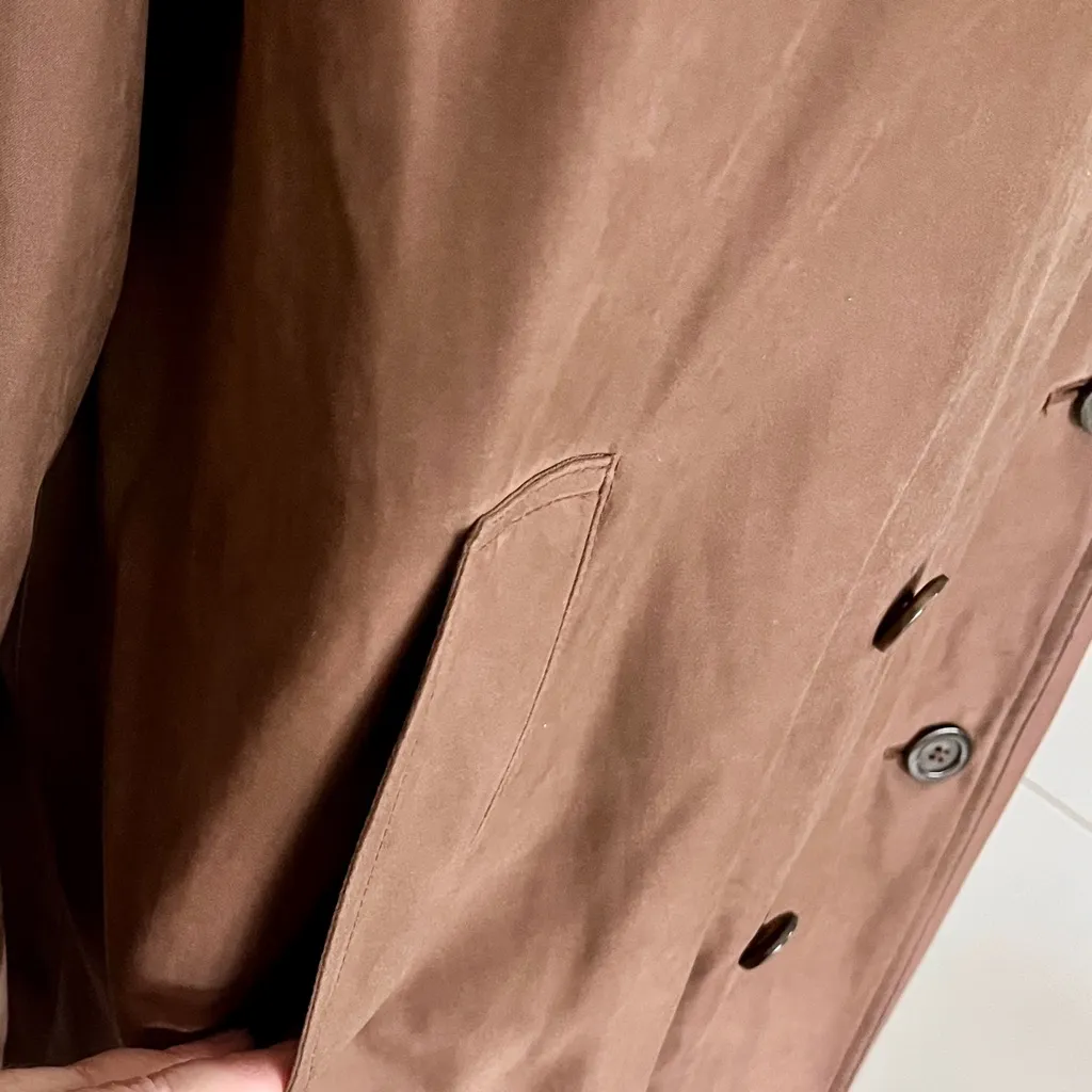 Vintage Gallery Brown Double Breasted Trench Coat with Hood, Size 16 - Image 3