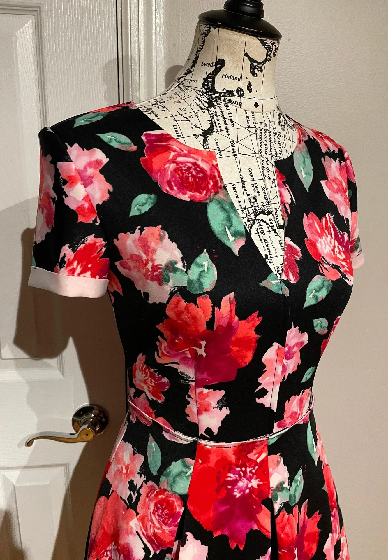 NWOT  Floral Black Red Fit Flare Short sleeve pleated Lolita retro pin up - Image 3