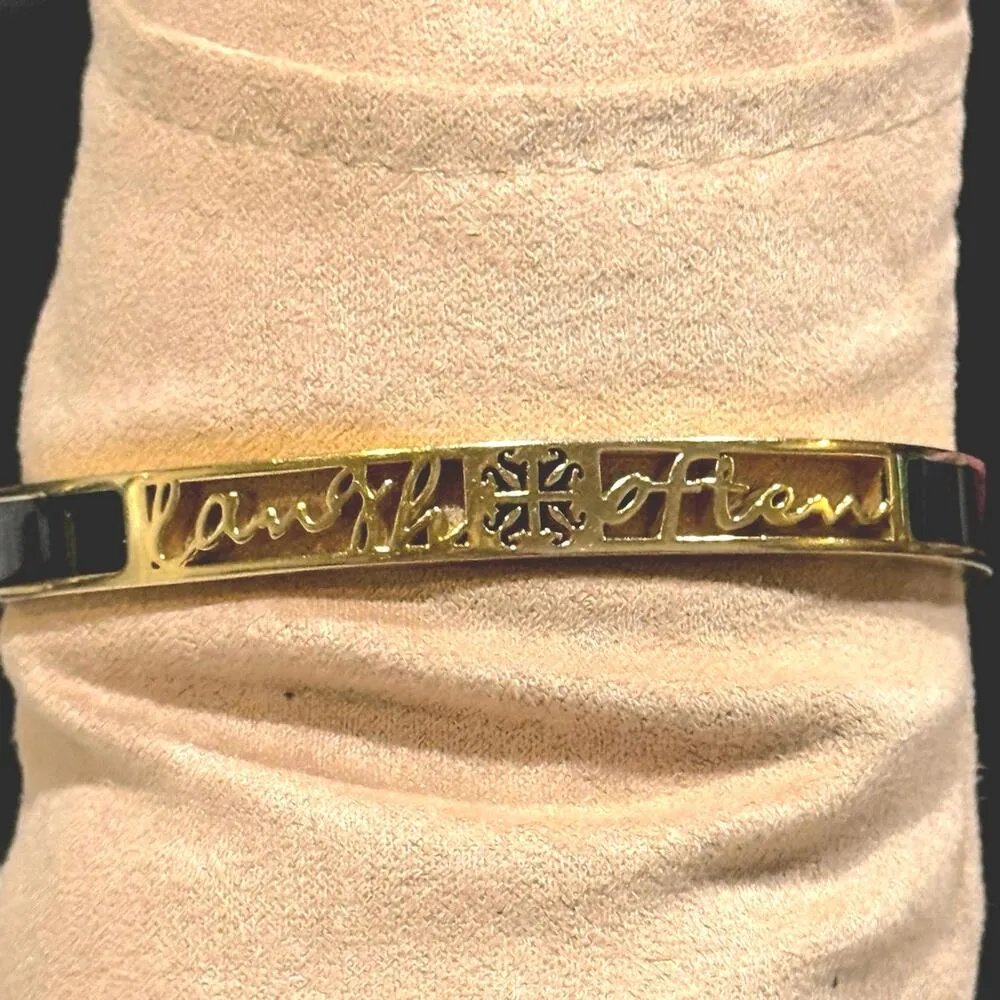 Rustic Cuff Gold & Black Enamel Inspirational Laugh Often Cuff Signed Bracelet - Image 10