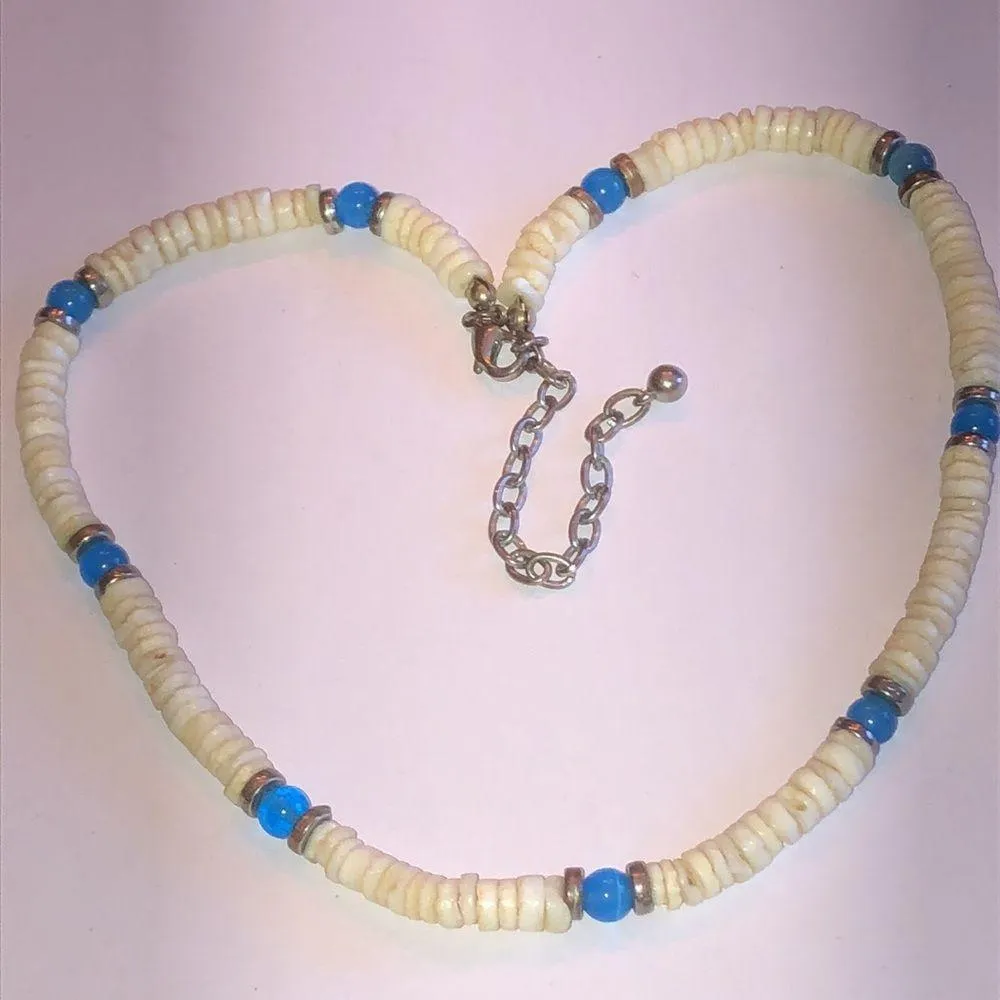 Off White Puka Shell Blue Moon Glow Beaded Boho Retro Necklace - Image 5