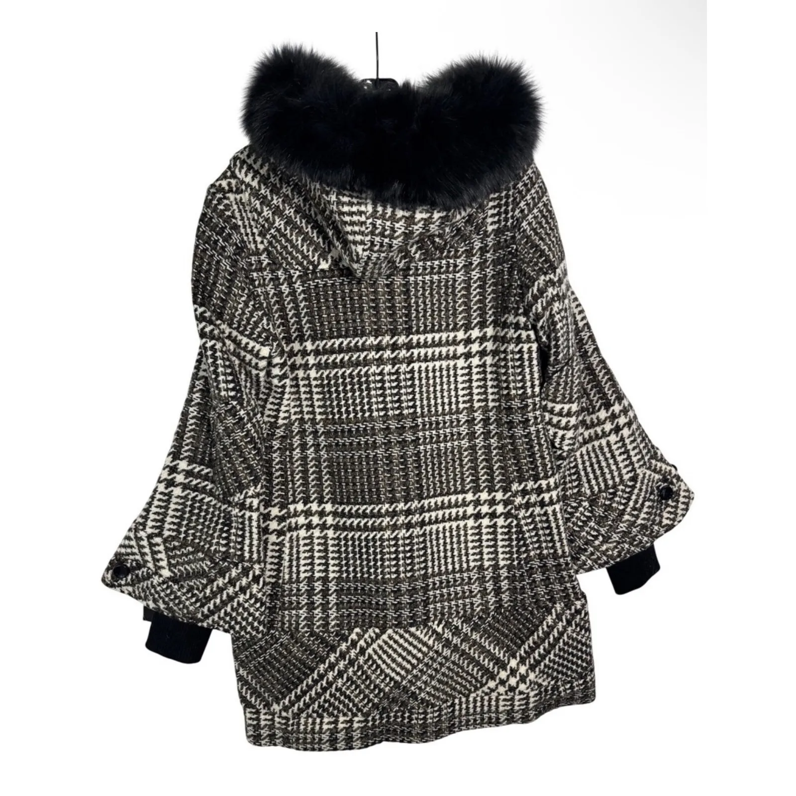 ABS Collection Women's Houndstooth Wool Tweed Coat with Fur Hood Size 10 Black - Image 4