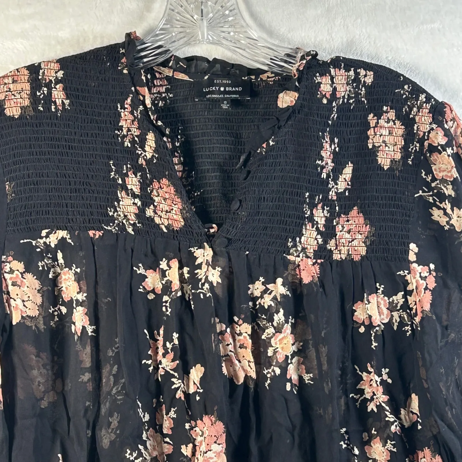 Lucky Brand Black Floral Smocked V Neck Long Sleeve Blouse Top Women's Size S - Image 5