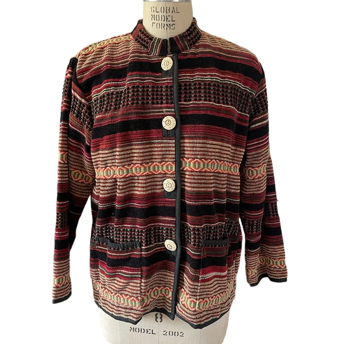 Vintage 90s Flashback Striped Button Up Knit Blanket Jacket Size Medium - Image 2