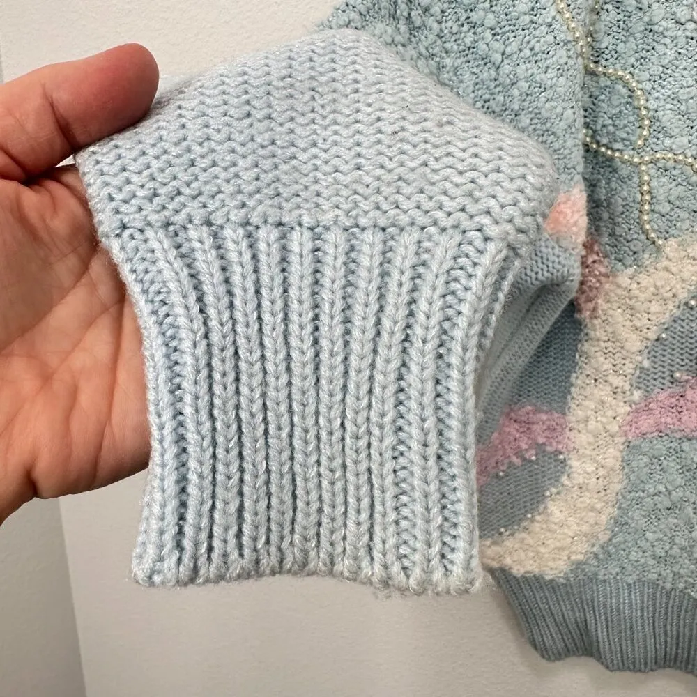 Vintage Pastel Blue Grannycore Coquette Mixed‎ Media Rose Pearl Mockneck Sweater Size M - Image 6