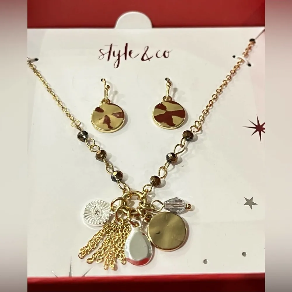 NEW Style & Co NECKLACE & Disc Drop EARRINGS Set Gold-Tone Multi-Charm Pendant - Image 2